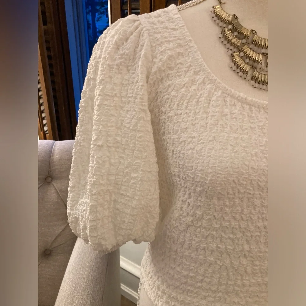 MAUVE x Anthropologie White Balloon-Sleeve Textured Top Cottagecore Resort